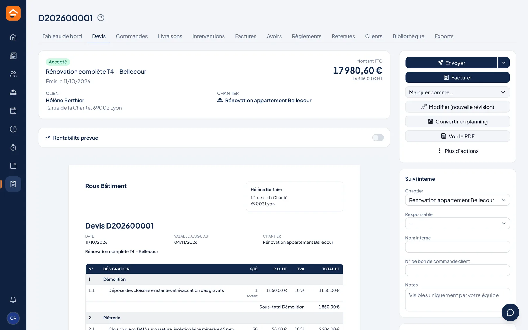 Devis détaillé avec sections, quantités et prix
