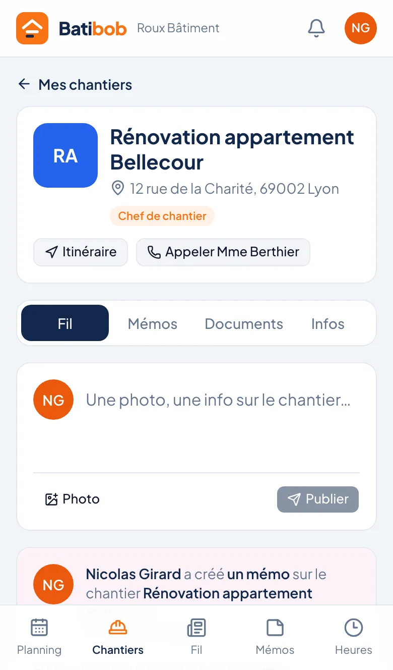 Fiche chantier sur le téléphone : fil, mémos, documents