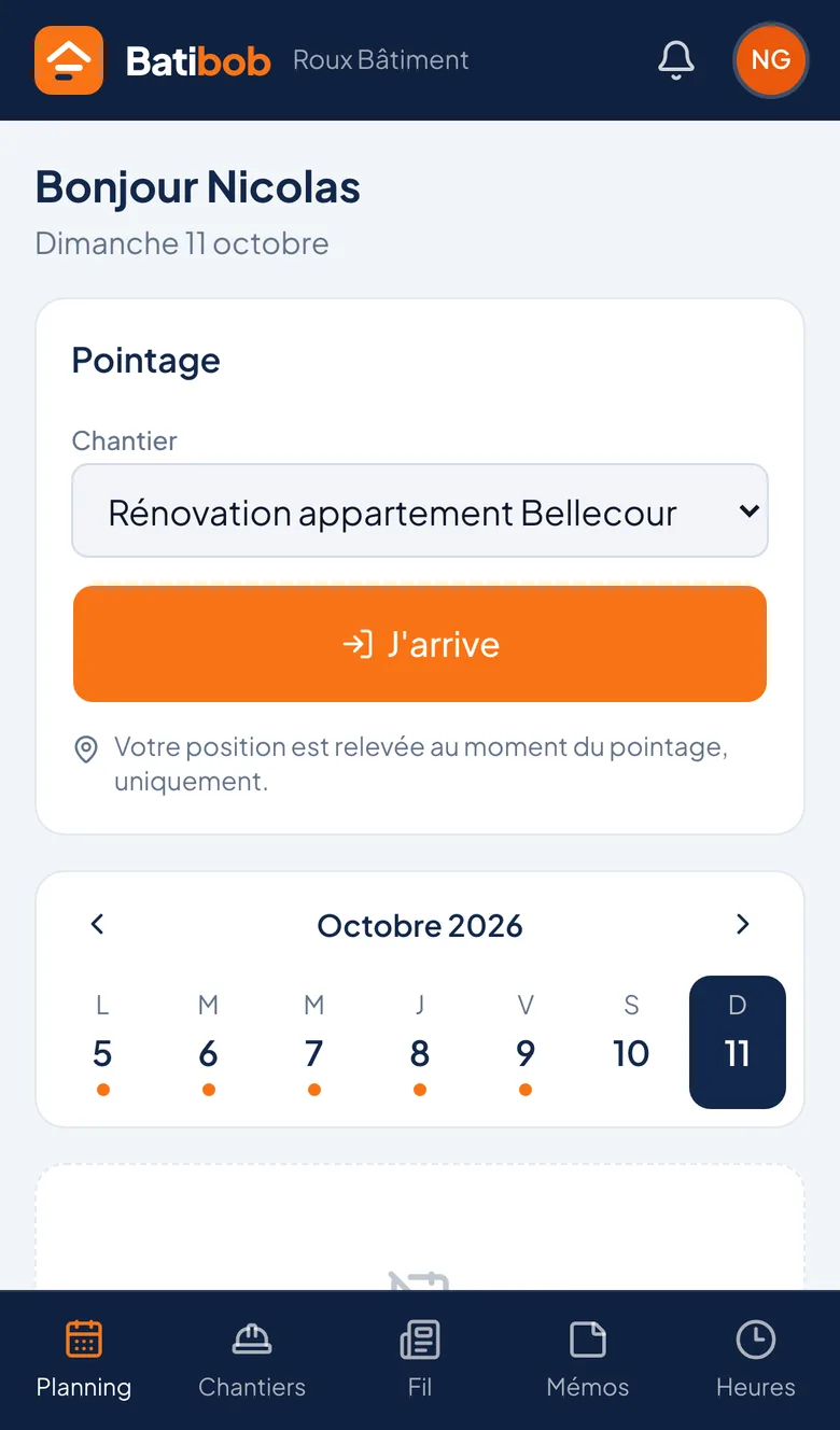 Bouton de pointage « J'arrive » sur le téléphone
