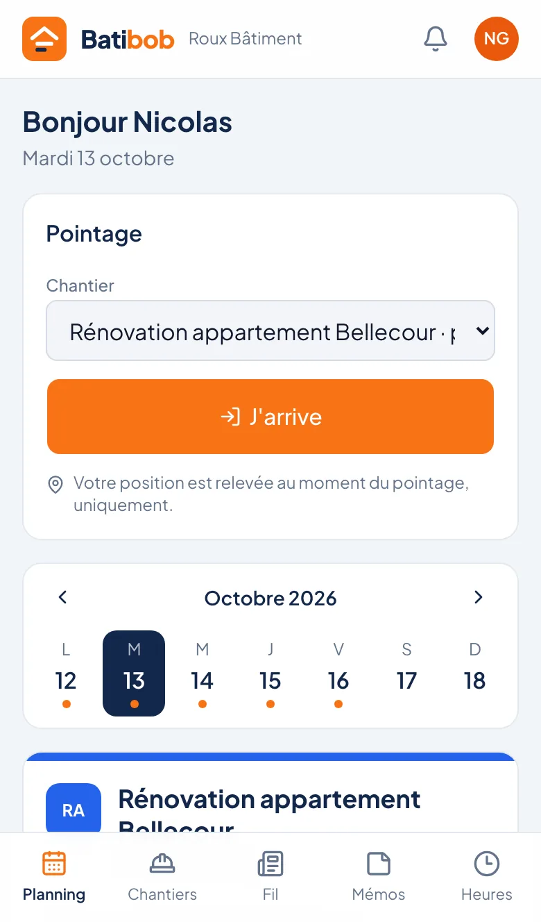 Bouton de pointage « J'arrive » sur le téléphone